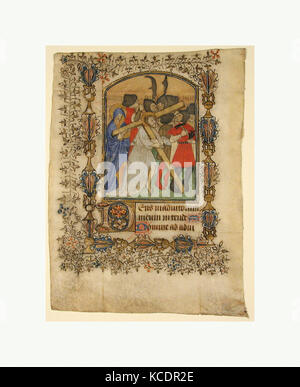 Manuscript Leaf from a Book of Hours Showing an Illuminated Initial D and Christ Bearing the Cross, 1390–1400 Stock Photo