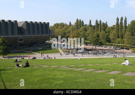 Views over Delft University campus towards the Aula Conference Centre from the roof of the Technical University of  Delft Library, The Netherlands. Stock Photo