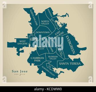 Modern City Map - San Jose city of the USA with neighborhoods and titles Stock Vector