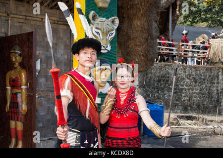 Couple of Naga tribal people in traditional clothing, Kisima Nagaland Hornbill festival, Kohima, Nagaland, India Stock Photo