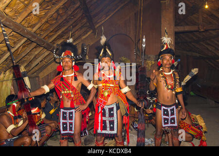 Naga tribal men in traditional clothing, Kisima Nagaland Hornbill festival, Kohima, Nagaland, India Stock Photo