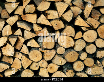 Stack of home grown seasoned firewood; a mix of hardwoods. The larger pieces split down to manageable sizes and the smaller left as rounds Stock Photo