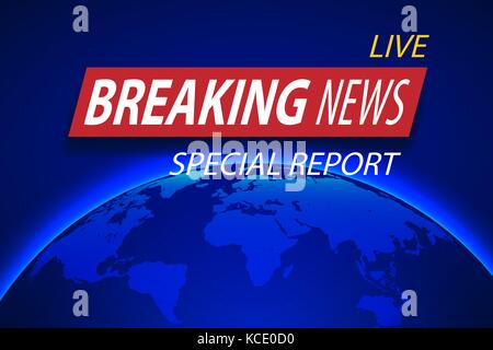 Breaking News Live on planet Background. Business or Technology concept with World Map. TV news Vector Illustration. Stock Vector