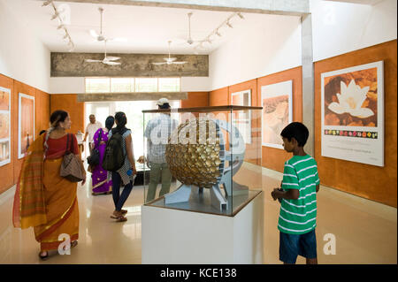 The Visitors Centre of Auroville, international city located in Tamil Nadu, south India. The mock-up of the Matrimandir Stock Photo