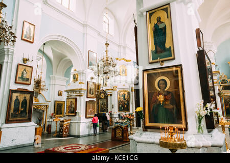 Minsk, Belarus - September 3, 2016: Parishioners praying in Cathedral Of Holy Spirit In Minsk. Main Orthodox Church Of Belarus And Symbol Of Old Minsk Stock Photo