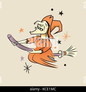 A happy witch flying on a broom stick on Halloween. Vector illustration Stock Vector