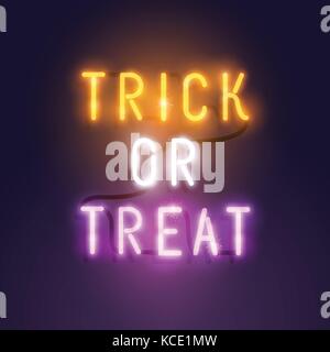Bright Neon halloween decoration lettering - Trick or Treat sign. Vector illustration Stock Vector