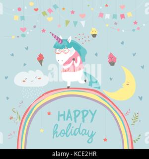 Cute unicorn walking on the rainbow Stock Vector