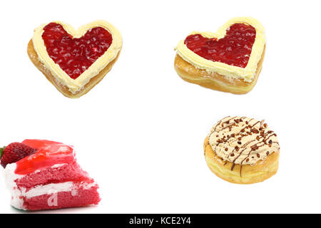 Coffe donut,Heart donut,Strawberry Cake isolated on white Stock Photo