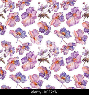 Phlox flowers hand drawn watercolor pattern Stock Photo