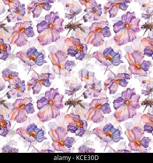 Phlox flowers hand drawn watercolor pattern Stock Photo