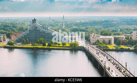 Riga, Latvia - July 1, 2016: Traffic On Akmens Tilts - Stone Bridge Street In Summer Day. Top View, Aerial View Of National Library Building, Named Ca Stock Photo