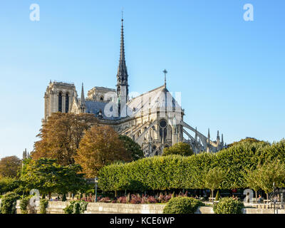 Three quarter rear view of Notre-Dame de Paris cathedral by a sunny evening at the beginning of fall. Stock Photo