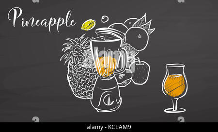 Pineapple smootie scene on chalkboard. Hand drawn healthy food sketch. Black and White Vector Drawing on Blackboard. Stock Photo