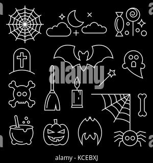 Halloween thin line icons set. Vector illustration of spider's web, moon, treats, grave, bat, ghost, skull, broom and other elements for your design Stock Vector