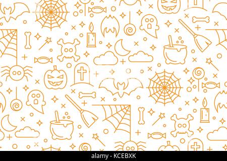 Happy Halloween line icons set. Vector illustration of abstract seamless Halloween wallpaper pattern as a background for your design Stock Vector