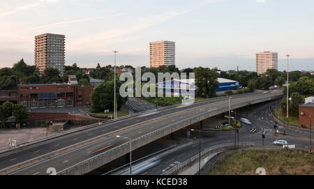 General view of the ring road (A4053) from the Belgrade Plaza Multi Storey Car Park, Coventry, West Midlands. Viewed from the south west. Stock Photo