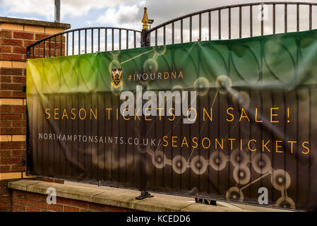 Northampton UK October 3, 2017: Season Tickets on Sale Northampton Saints Rugby Club promotional banner at Franklin Gardens Stock Photo