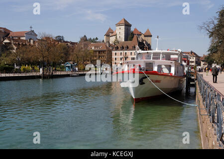 ANNECY, FRANCE, April 8, 2015 : Called ' Venice of the Alps ' because of three streams which travel its old town, Annecy is a renowned tourist center. Stock Photo