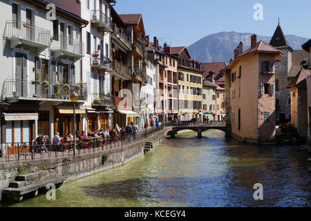 ANNECY, FRANCE, April 8, 2015 : Called ' Venice of the Alps ' because of three streams which travel its old town, Annecy is a renowned tourist center. Stock Photo