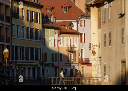 ANNECY, FRANCE, April 8, 2015 : Called ' Venice of the Alps ' because of three streams which travel its old town, Annecy is a renowned tourist center. Stock Photo