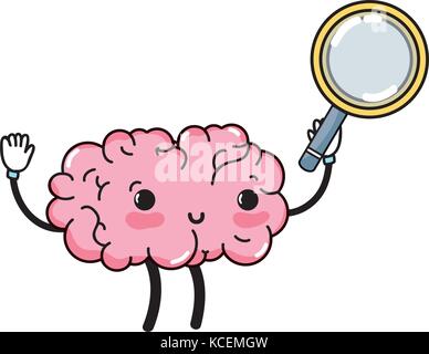 Funny brain cartoon with magnifying glass on black and white colors ...