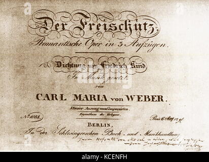 Title page of the German Opera 'Der Freischütz' (The Free Shooter) by Carl Maria von Weber (1786-1826) a German composer, conductor, pianist, guitarist, and critic. Dated 19th Century Stock Photo
