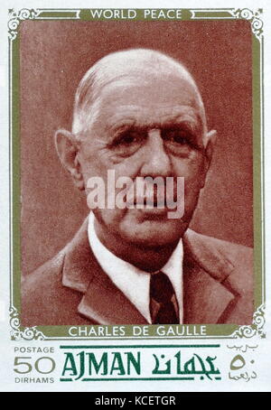 Charles de Gaulle (1890 – 1970); French general and statesman. He was the leader of Free France (1940–44) and the head of the Provisional Government of the French Republic (1944–46). In 1958, he founded the Fifth Republic and was elected as the 18th President of France, a position he held until his resignation in 1969 Stock Photo