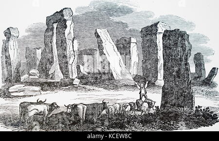 Engraving depicting Stonehenge, a prehistoric monument. Dated 19th ...