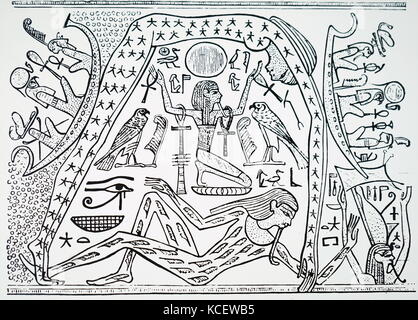 Illustration depicting the Egyptian cosmos. The Goddess Nut, standing on hands and feet, representing the sky, whilst the God Qeb, lying below, representing the earth. The God Shu is kneeling, representing the air, whilst the sun and moon are shown sailing over Nut's body. 18th Century Stock Photo