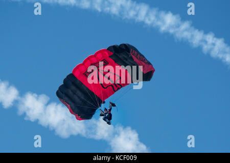 A Soldier with the Black Daggers, the official U.S. Army Special Operations Command Parachute Demonstration Team, jumps in for the opening ceremony of the South Carolina Guard Air &amp; Ground Expo at McEntire Joint National Guard Base, South Carolina, May 6, 2017. This expo is to showcase the abilities of South Carolina National Guard Airmen and Soldiers while saying thank you for the support of fellow South Carolinians and the surrounding community. (U.S. Army National Guard photo by Sgt. Brian Calhoun) Stock Photo