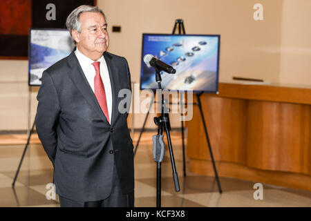 Manhattan, USA. 4th Oct, 2017. United Nations Secretary-General António Guterres opens an exhibition celebrating the 60th anniversary of the launch of Sputnik 1 in space in the hall of the UN headquarters in Manhattan in New York on Wednesday. Credit: Brazil Photo Press/Alamy Live News Stock Photo