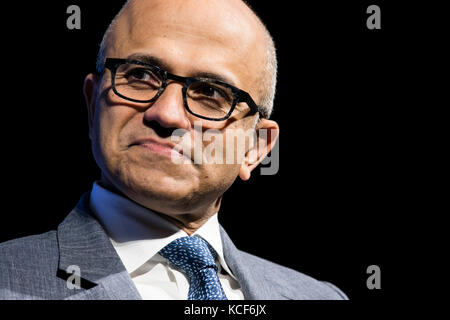 Washington DC, USA. 04th Oct, 2017. Satya Nadella, Chief Executive Officer (CEO) of Microsoft participates in an interview during an Economic Club of Washington event in Washington, D.C., on October 4, 2017. Credit: Kristoffer Tripplaar/Alamy Live News Stock Photo