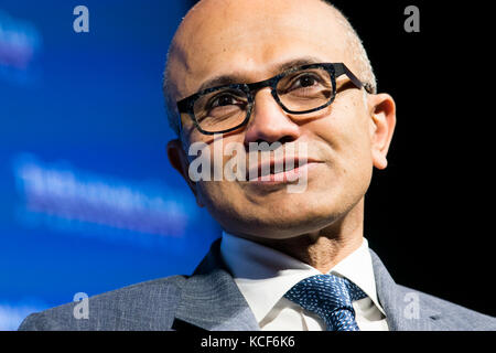 Washington DC, USA. 04th Oct, 2017. Satya Nadella, Chief Executive Officer (CEO) of Microsoft participates in an interview during an Economic Club of Washington event in Washington, D.C., on October 4, 2017. Credit: Kristoffer Tripplaar/Alamy Live News Stock Photo