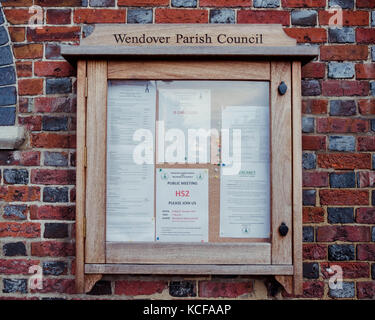 Wendover, UK. 5th October, 2017. Wendover Parish Council's notice board advertises a public meeting on High Speed Two (HS2) Limited on 6th October 2017. Wendover is a market town in Buckinghamshire that will be massively affected by HS2. Credit: greeneyedlens/Alamy Live News Stock Photo