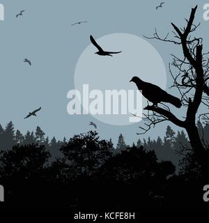 Bird on branch on blue evening against beautiful forest, vector illustration Stock Vector