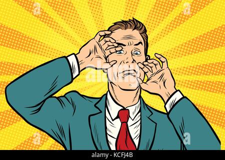 Scared man with a gesture protects your face Stock Vector