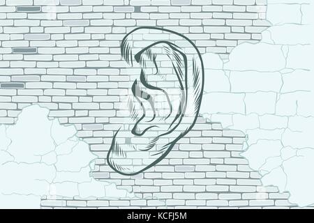 ear graffiti tattoo silhouette on a background old walls Stock Vector