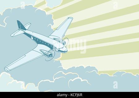 Retro airplane flying in the clouds. Air travel background Stock Vector