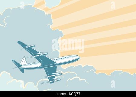 Retro airplane flying in the clouds. Air travel background Stock Vector