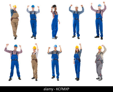 Collage Of Happy Construction Workers Raising Arms Against White Background Stock Photo