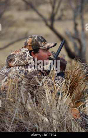 A duck hunter in camouflage calls ducks from a marsh in South Texas Stock Photo