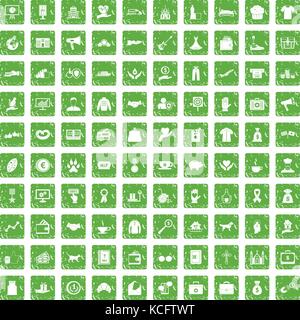 100 charity icons set grunge green Stock Vector