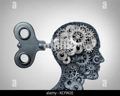 Brain function symbol and psychology mind as a human head with gear and cog symbols as a thinking concept as a 3D illustration. Stock Photo