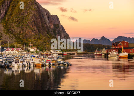 Many yachts anchored at the Marina of Svolvaer on Lofoten islands in Norway Stock Photo