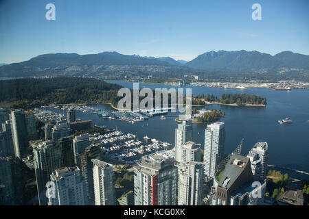 North America, Canada, British Columbia, Vancouver, high angle view of Vancouver, showing Stanley Park. Waterfront and harbour area. Stock Photo