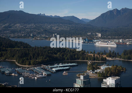 North America, Canada, British Columbia, Vancouver, high angle view of Vancouver, showing Stanley Park. Waterfront and harbour area. Celebrity Cruise  Stock Photo