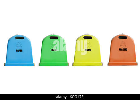 Four recycle containers for paper, glass, metal and plastic isolated on white background Stock Photo