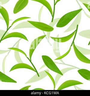vividly flying green tea leaves, Seamless vector pattern. white background 3d illustration Stock Vector