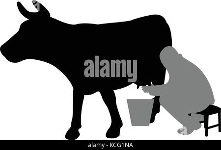 man milking a cow silhouette - vector Stock Vector